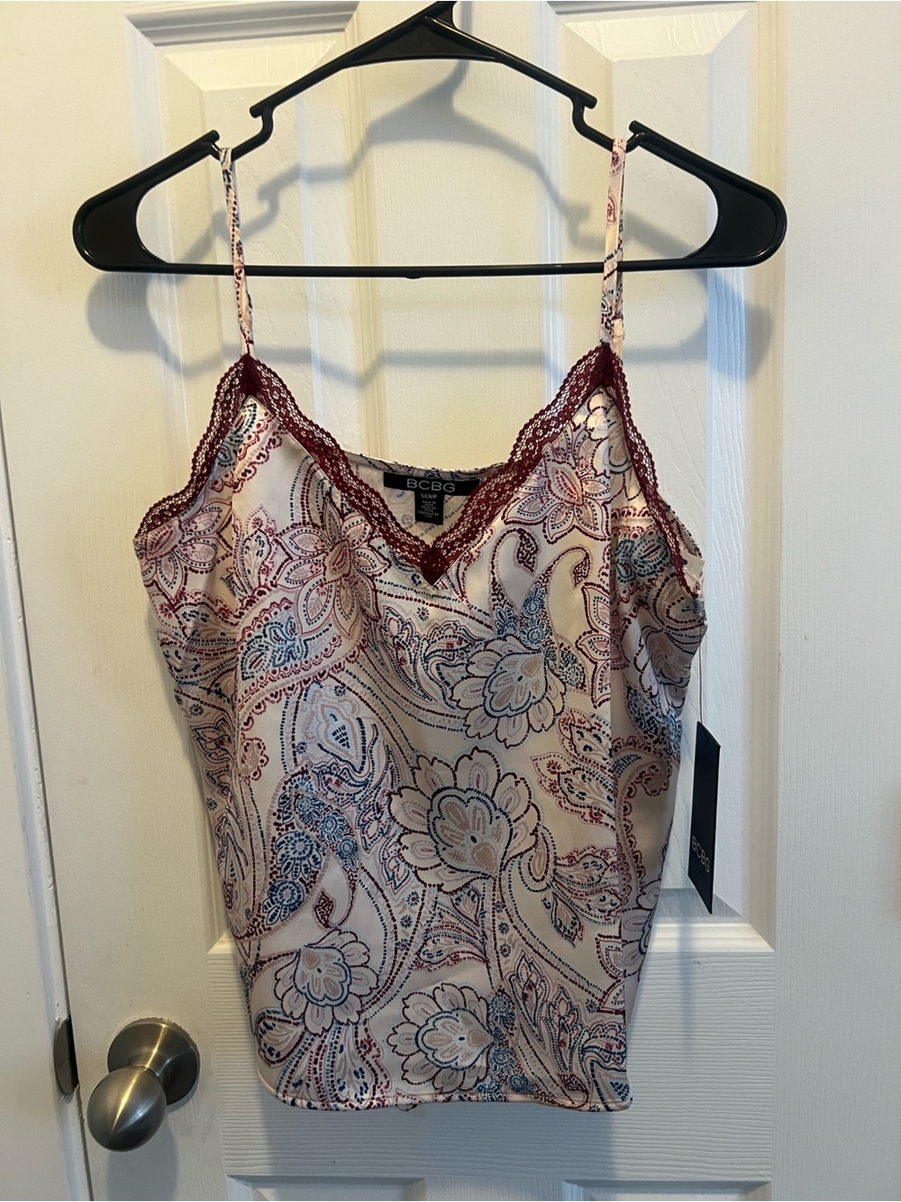 BCBG Paisley Lace-Trim Cami in Blush and Burgundy